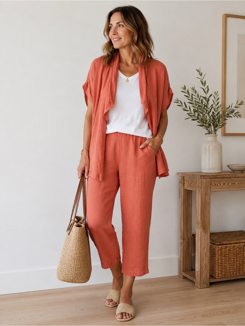 NWT Bryn Walker Oversized Coral Linen Capri Set (Med)
